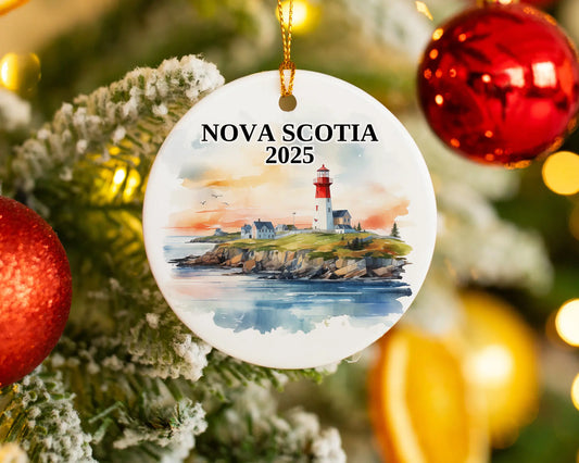 Custom Nova Scotia ceramic photo ornament with personalized message – handmade Christmas bauble, gift souvenir, or vacation keepsake. 