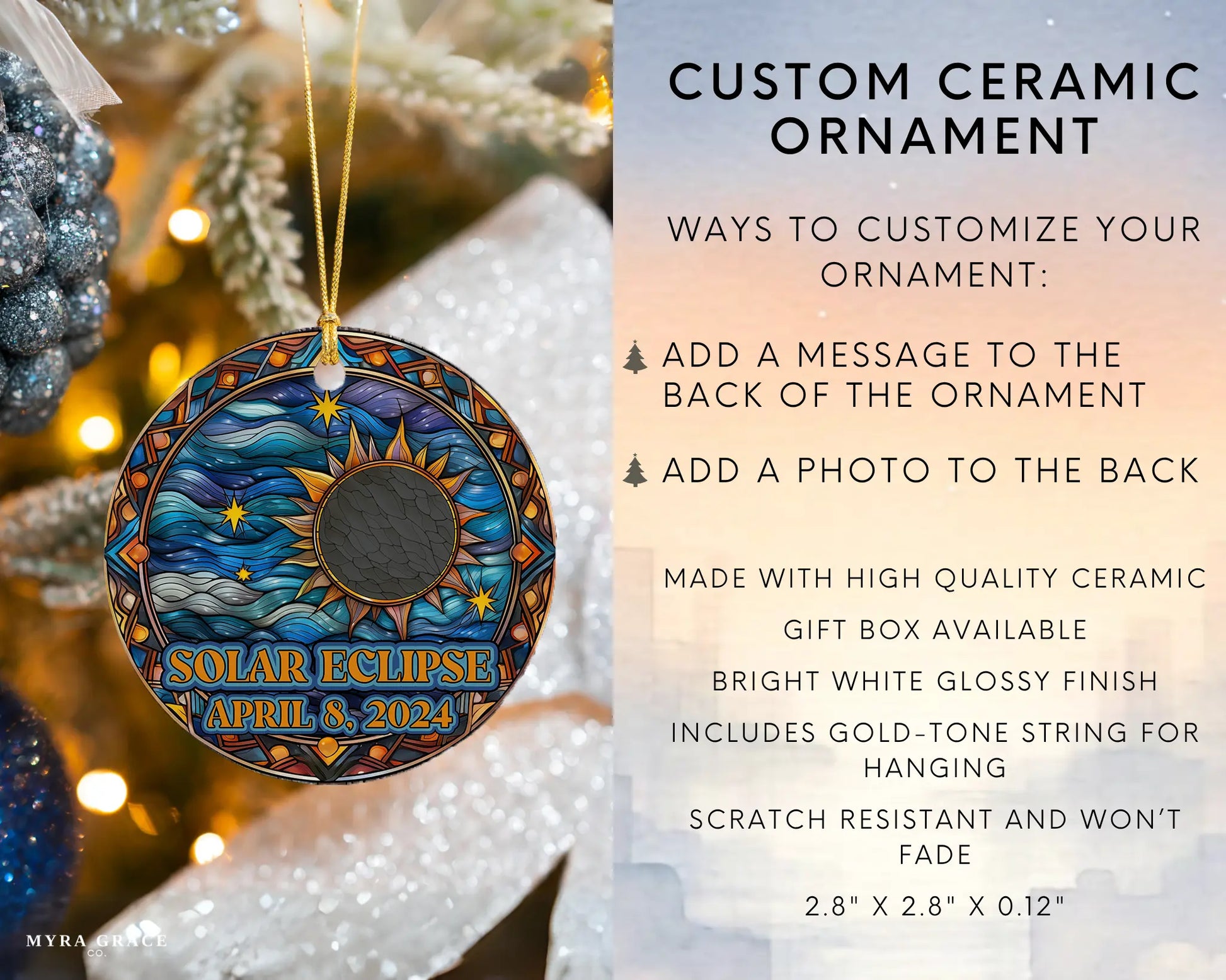 Ceramic solar eclipse 2024 ornament with celestial design – space-themed gift or keepsake. Infographic