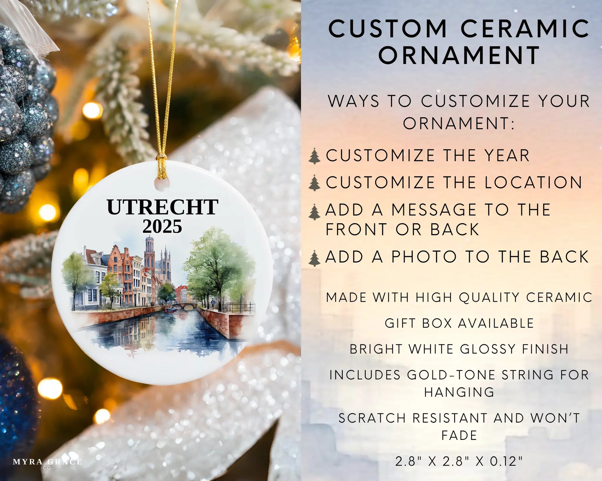 Utrecht Netherlands Ornament Custom Gift Souvenir Bauble. Custom Utrecht Netherlands ceramic photo ornament with personalized message – handmade Christmas bauble, gift souvenir, or vacation keepsake.  Infographic