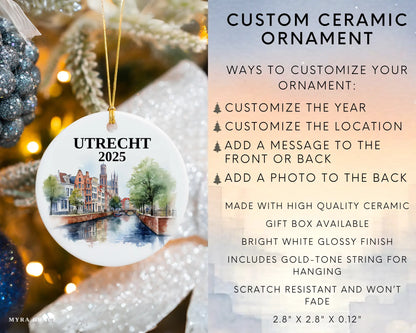 Utrecht Netherlands Ornament Custom Gift Souvenir Bauble. Custom Utrecht Netherlands ceramic photo ornament with personalized message – handmade Christmas bauble, gift souvenir, or vacation keepsake.  Infographic