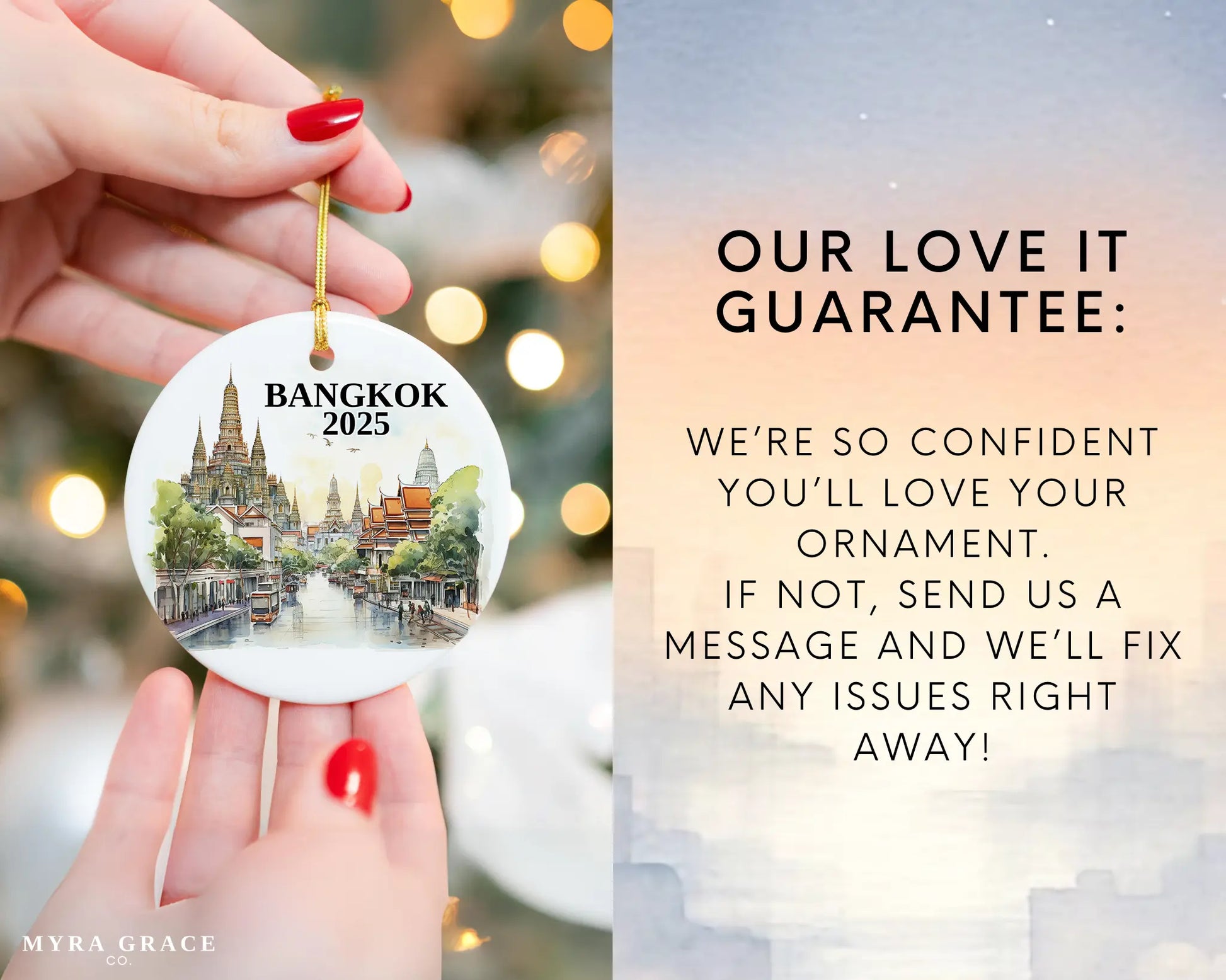 Custom Bangkok, Thailand ceramic photo ornament with personalized message – handmade Christmas bauble, gift souvenir, or vacation keepsake. Love it Guarantee