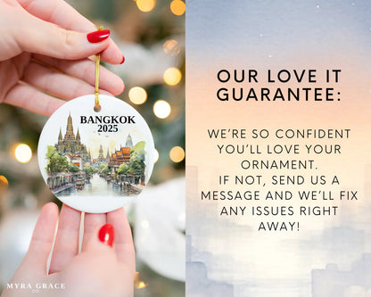 Custom Bangkok, Thailand ceramic photo ornament with personalized message – handmade Christmas bauble, gift souvenir, or vacation keepsake. Love it Guarantee