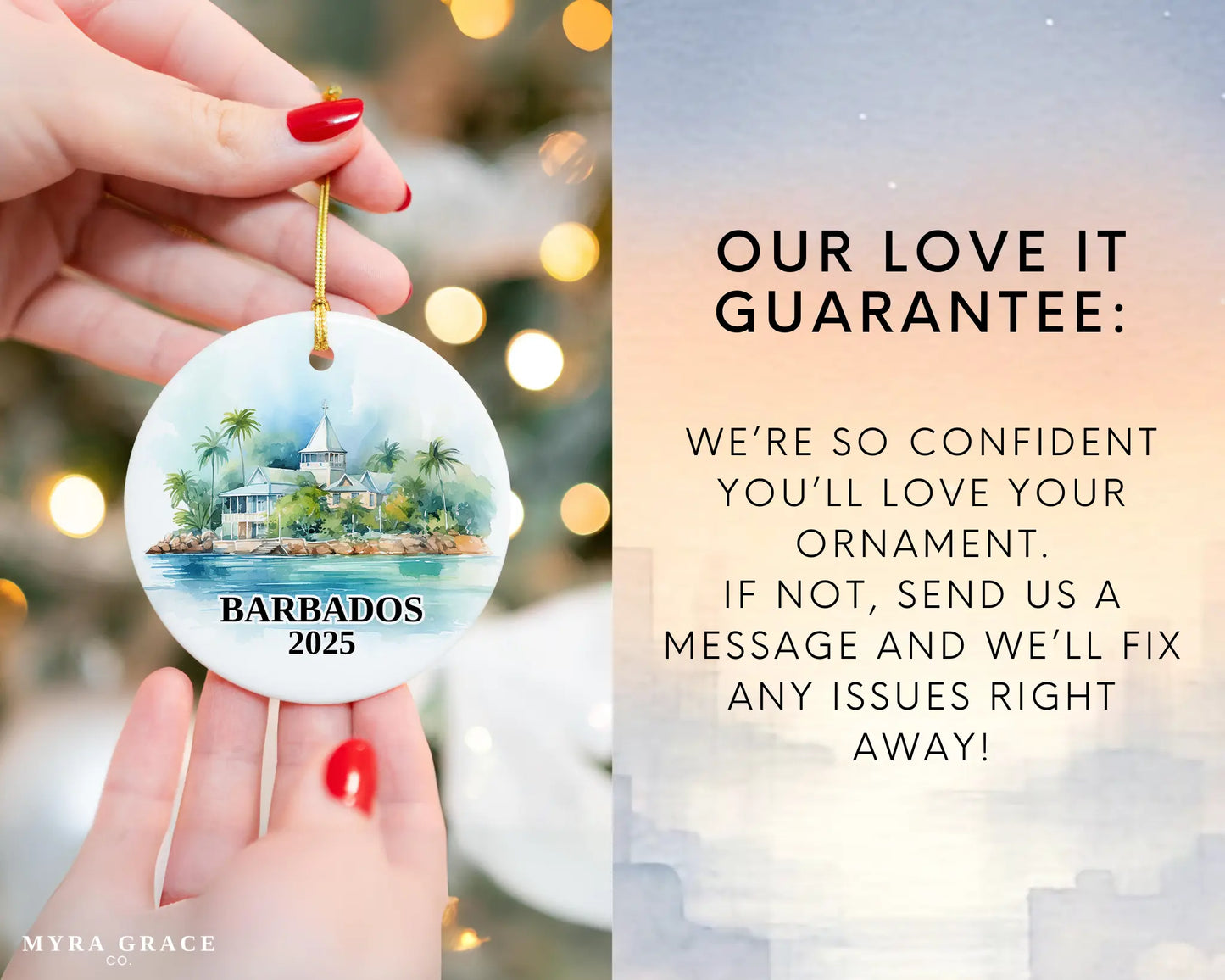 Custom Barbados ceramic photo ornament with personalized message – handmade Christmas bauble, gift souvenir, or vacation keepsake. Love it Guarantee