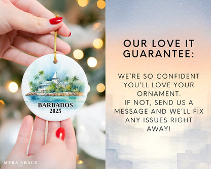 Custom Barbados ceramic photo ornament with personalized message – handmade Christmas bauble, gift souvenir, or vacation keepsake. Love it Guarantee