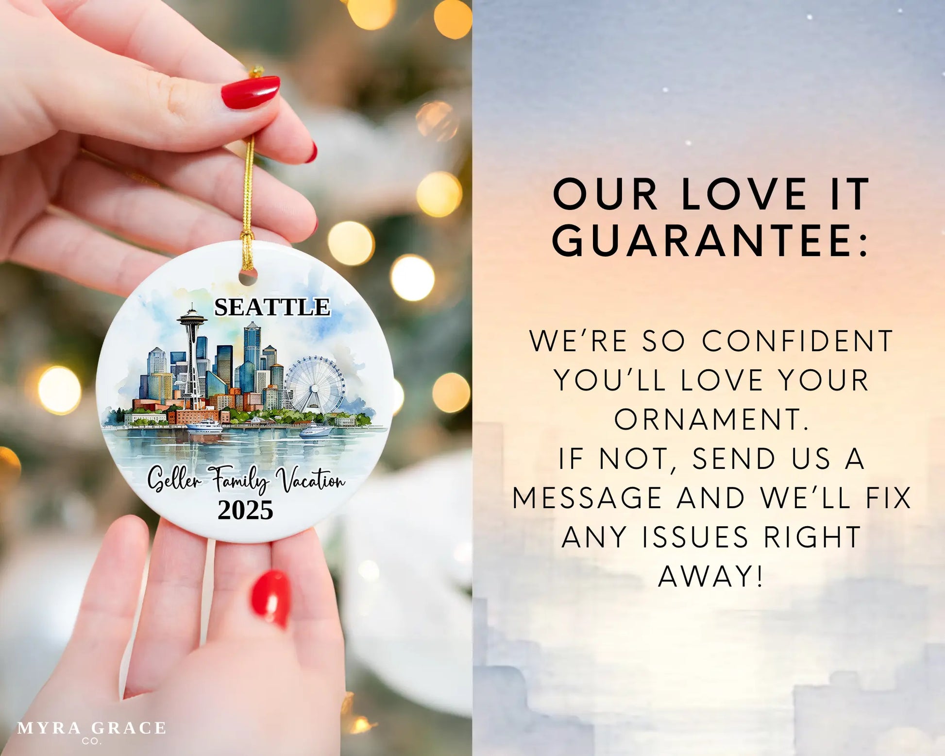 Custom vacation Seattle ceramic photo ornament with personalized message – handmade Christmas bauble, gift souvenir, or vacation keepsake. Love it guarantee