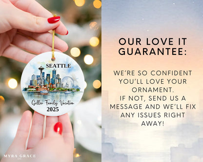 Custom vacation Seattle ceramic photo ornament with personalized message – handmade Christmas bauble, gift souvenir, or vacation keepsake. Love it guarantee