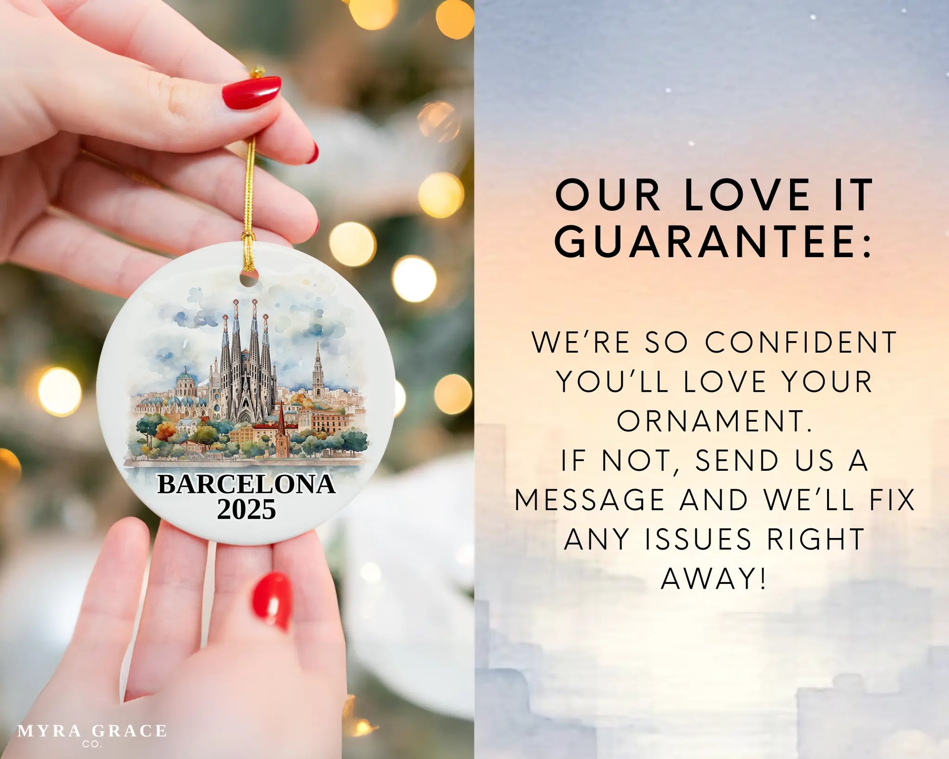 Custom Barcelona, Spain ceramic photo ornament with personalized message – handmade Christmas bauble, gift souvenir, or vacation keepsake. Love it guarantee