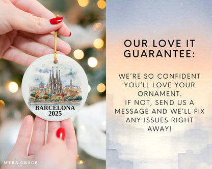 Custom Barcelona, Spain ceramic photo ornament with personalized message – handmade Christmas bauble, gift souvenir, or vacation keepsake. Love it guarantee