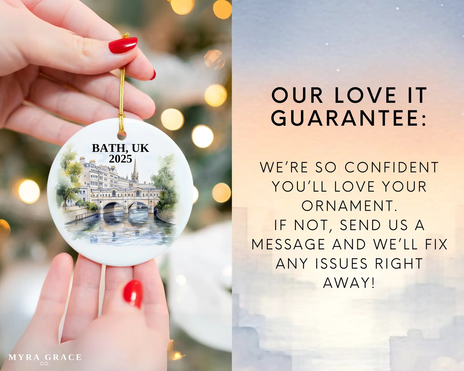 Custom Bath UK ceramic photo ornament with personalized message – handmade Christmas bauble, gift souvenir, or vacation keepsake. Love it guarantee
