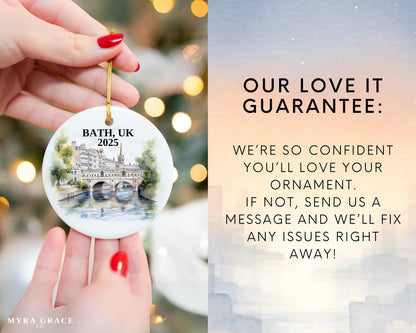 Custom Bath UK ceramic photo ornament with personalized message – handmade Christmas bauble, gift souvenir, or vacation keepsake. Love it guarantee