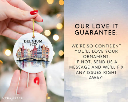 Custom Belgium ceramic photo ornament with personalized message – handmade Christmas bauble, gift souvenir, or vacation keepsake. Love it guarantee