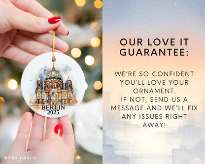 Custom Berlin Germany ceramic photo ornament with personalized message – handmade Christmas bauble, gift souvenir, or vacation keepsake. Love it guarantee