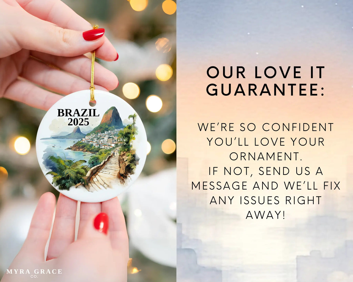 Custom Brazil ceramic photo ornament with personalized message – handmade Christmas bauble, gift souvenir, or vacation keepsake. Love it guarantee
