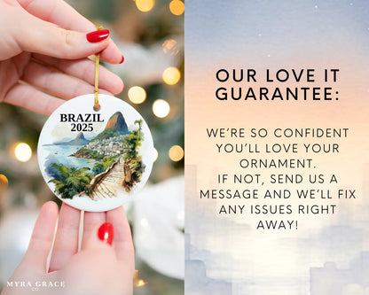 Custom Brazil ceramic photo ornament with personalized message – handmade Christmas bauble, gift souvenir, or vacation keepsake. Love it guarantee