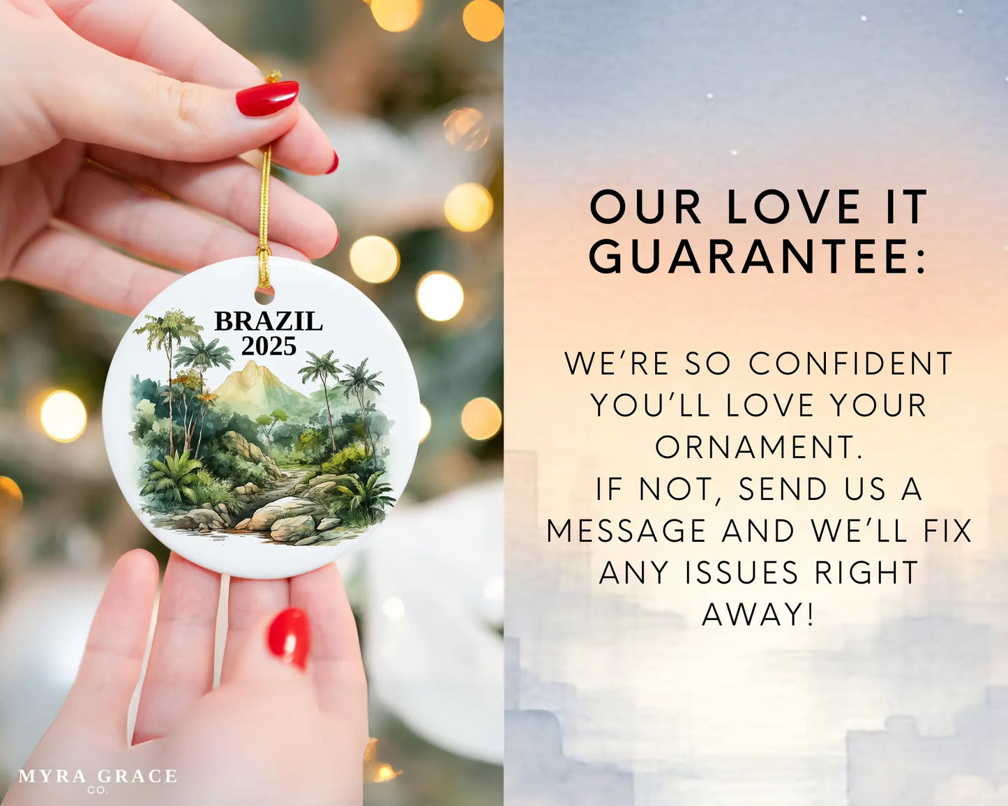 Custom Brazil ceramic photo ornament with personalized message – handmade Christmas bauble, gift souvenir, or vacation keepsake. Love it guarantee