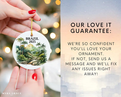 Custom Brazil ceramic photo ornament with personalized message – handmade Christmas bauble, gift souvenir, or vacation keepsake. Love it guarantee