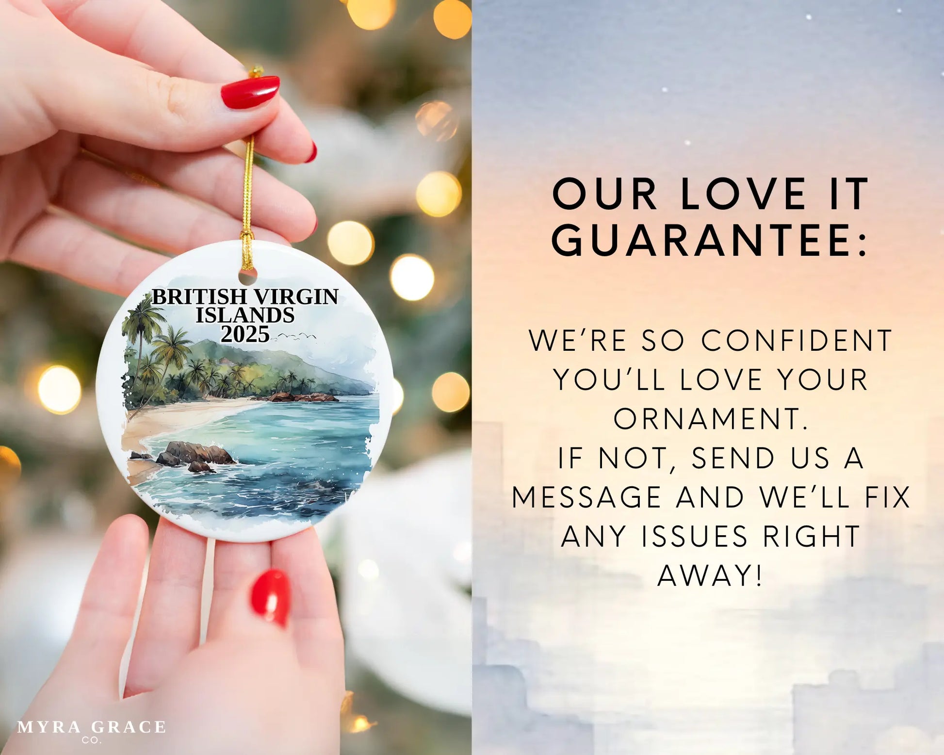 Custom British Virgin Islands ceramic photo ornament with personalized message – handmade Christmas bauble, gift souvenir, or vacation keepsake. Love it guarantee