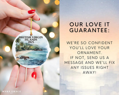 Custom British Virgin Islands ceramic photo ornament with personalized message – handmade Christmas bauble, gift souvenir, or vacation keepsake. Love it guarantee