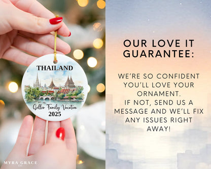 Custom vacation Thailand ceramic photo ornament with personalized message – handmade Christmas bauble, gift souvenir, or vacation keepsake. Love it guarantee