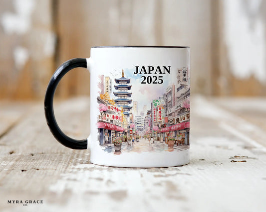 Custom ceramic Japan vacation mug with watercolor location design, date, and personal photo – personalized travel gift or photo mug. 