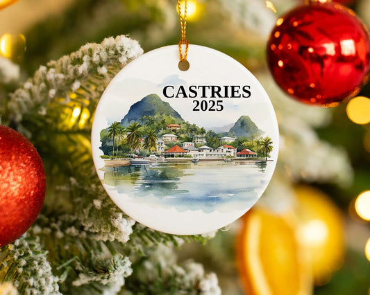 Custom Castries Saint Lucia ceramic photo ornament with personalized message – handmade Christmas bauble, gift souvenir, or vacation keepsake.  