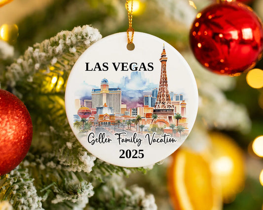 Custom vacation Vegas ceramic photo ornament with personalized message – handmade Christmas bauble, gift souvenir, or vacation keepsake. 