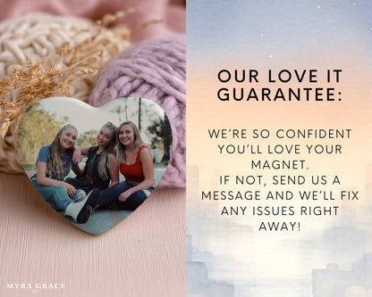 Heart-shaped custom friendship ceramic photo magnet on fridge – handmade personalized gift or Christmas fridge magnet. 