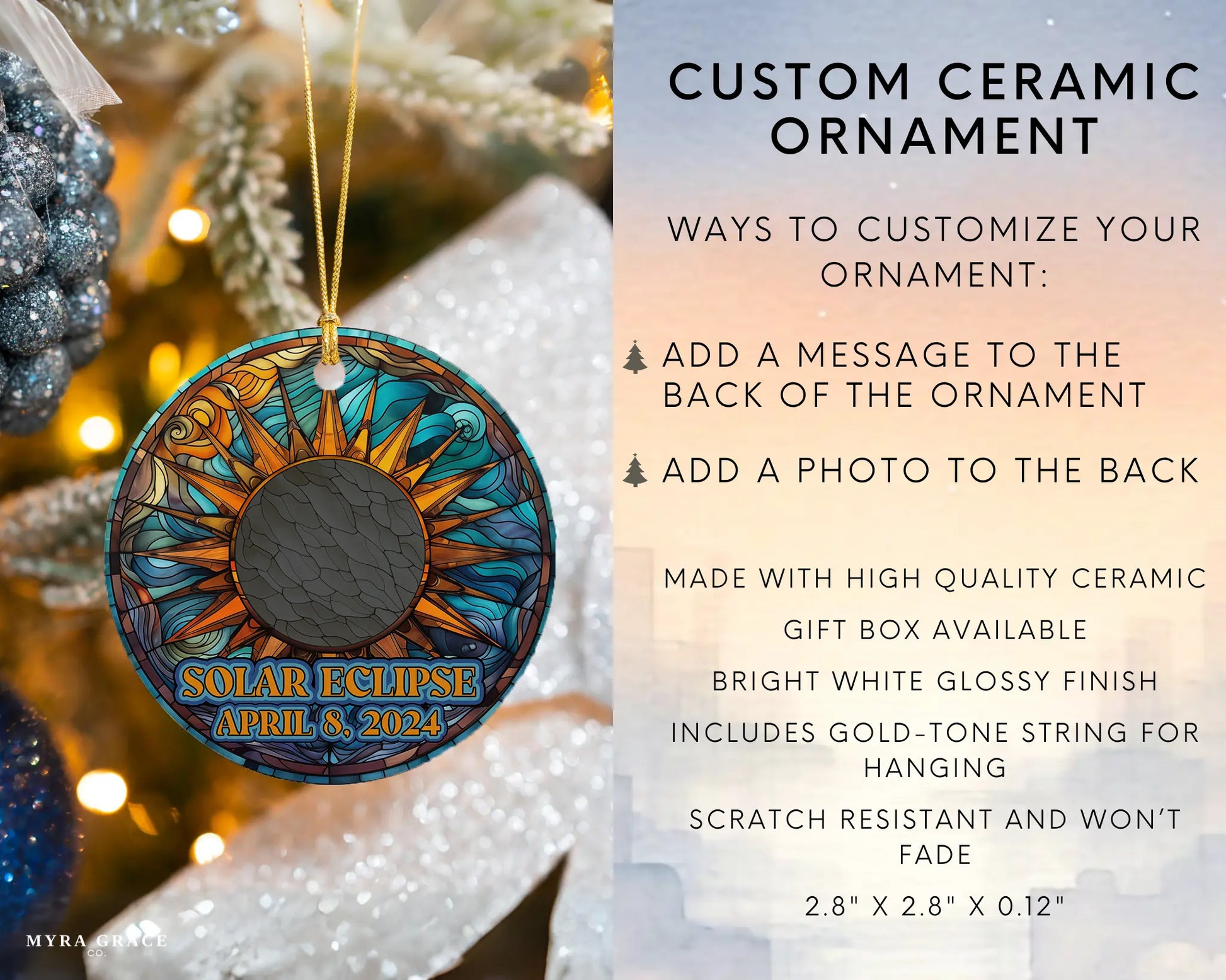 Ceramic solar eclipse 2024 ornament with celestial design – space-themed gift or keepsake. Infographic