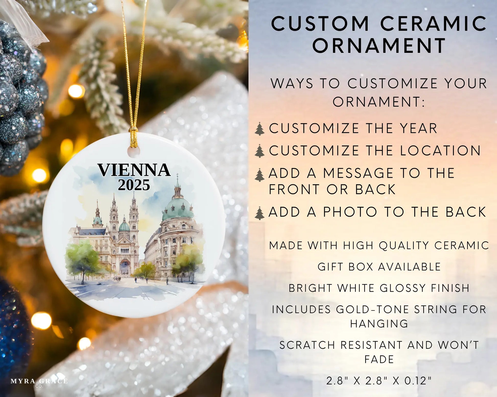 Vienna Austria Ornament Custom Gift Souvenir Bauble. Custom Vienna Austria ceramic photo ornament with personalized message – handmade Christmas bauble, gift souvenir, or vacation keepsake. Infographic