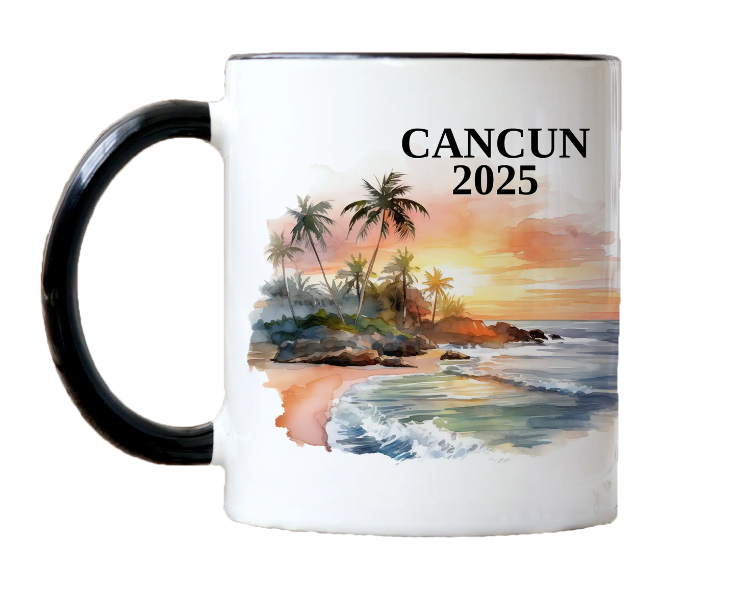Custom ceramic Cancun Mexico vacation mug with watercolor location design, date, and personal photo – personalized travel gift or photo mug. 