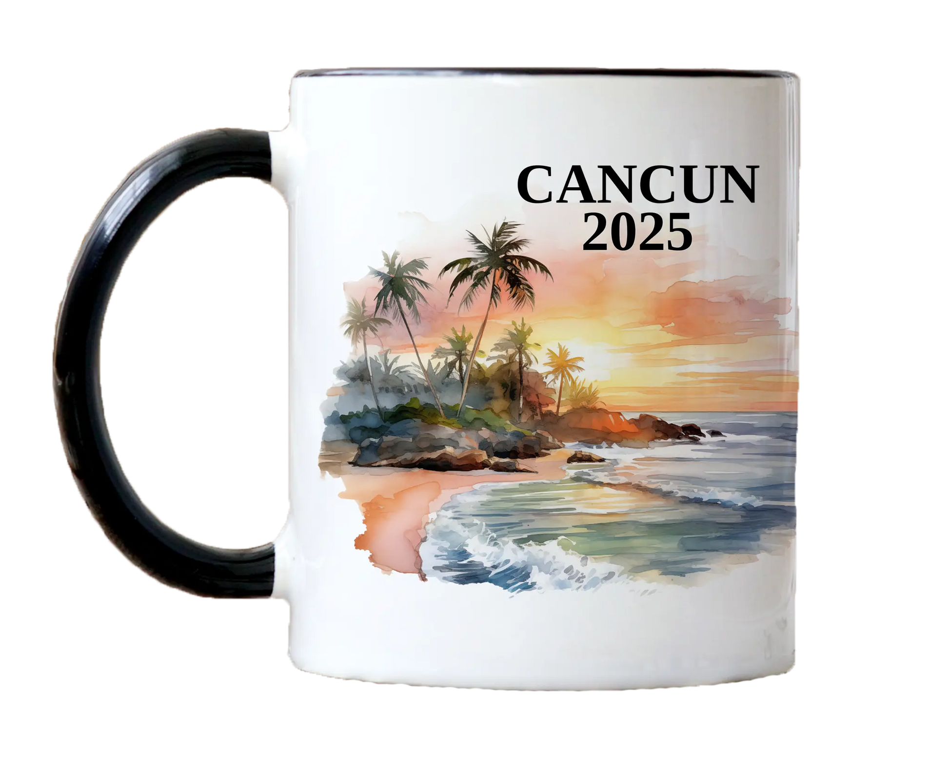 Custom ceramic Cancun Mexico vacation mug with watercolor location design, date, and personal photo – personalized travel gift or photo mug. 