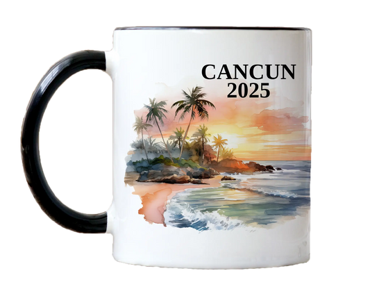 Custom ceramic Cancun Mexico vacation mug with watercolor location design, date, and personal photo – personalized travel gift or photo mug. 
