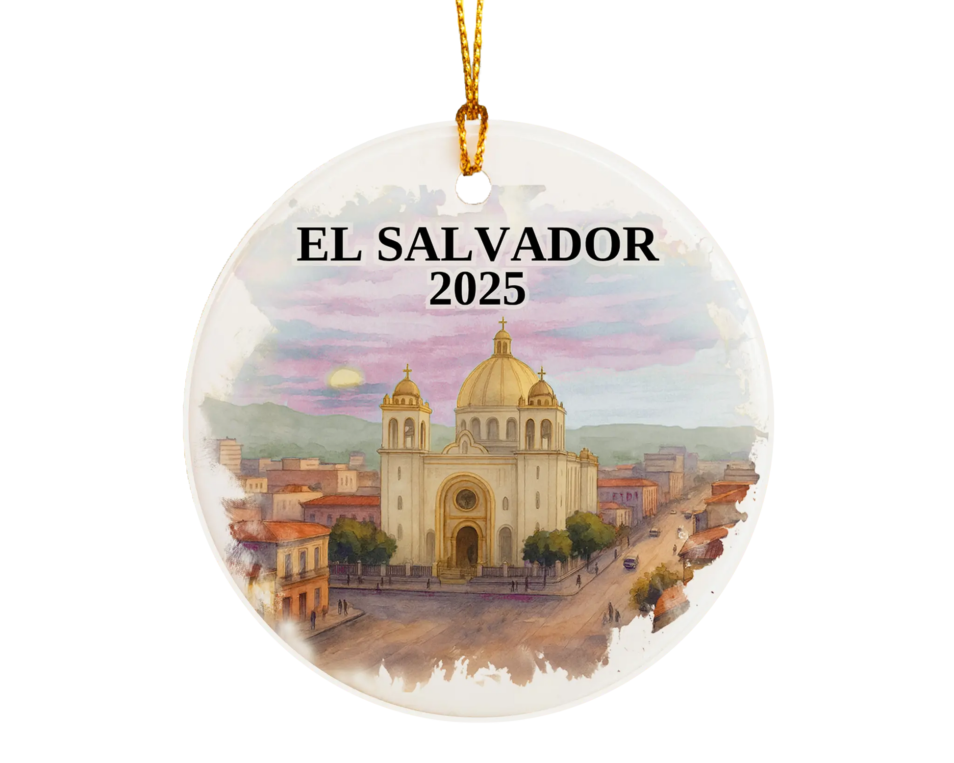 Custom El Salvador ceramic photo ornament with personalized message – handmade Christmas bauble, gift souvenir, or vacation keepsake.  