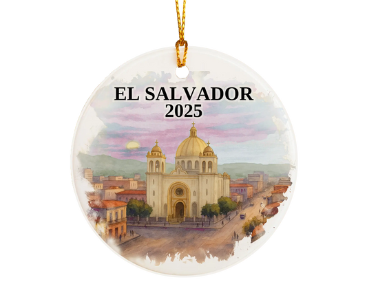 Custom El Salvador ceramic photo ornament with personalized message – handmade Christmas bauble, gift souvenir, or vacation keepsake.  