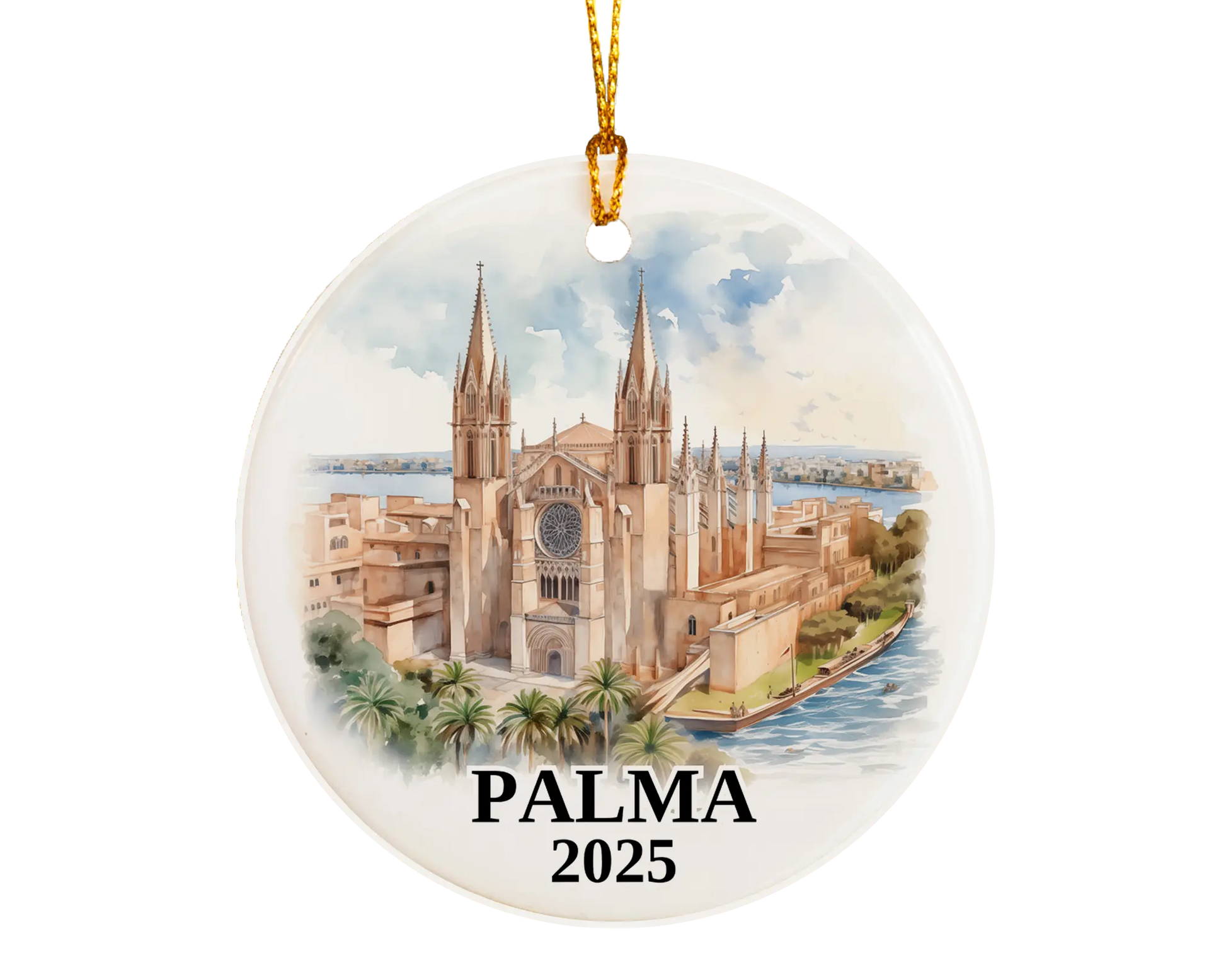 Palma Spain Ornament Custom Gift Souvenir Bauble. Custom Palma Spain ceramic photo ornament with personalized message – handmade Christmas bauble, gift souvenir, or vacation keepsake.  