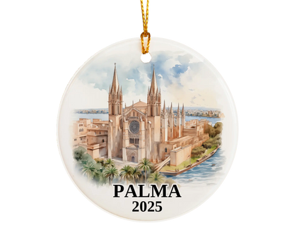 Palma Spain Ornament Custom Gift Souvenir Bauble. Custom Palma Spain ceramic photo ornament with personalized message – handmade Christmas bauble, gift souvenir, or vacation keepsake.  
