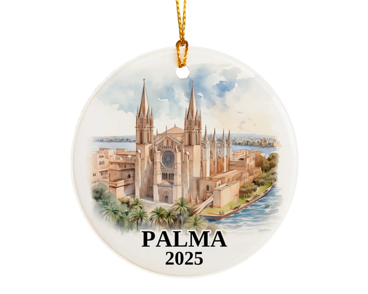 Palma Spain Ornament Custom Gift Souvenir Bauble. Custom Palma Spain ceramic photo ornament with personalized message – handmade Christmas bauble, gift souvenir, or vacation keepsake.  
