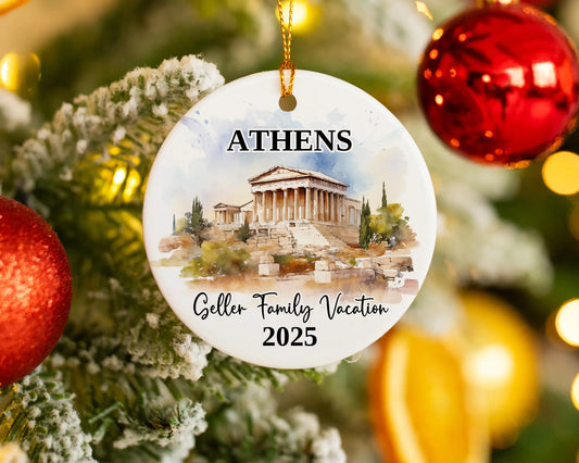 Custom vacation Athens Greece ceramic photo ornament with personalized message – handmade Christmas bauble, gift souvenir, or vacation keepsake. 