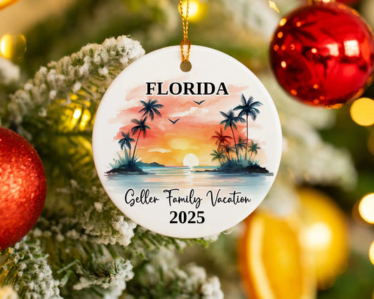 Custom vacation Florida ceramic photo ornament with personalized message – handmade Christmas bauble, gift souvenir, or vacation keepsake. 