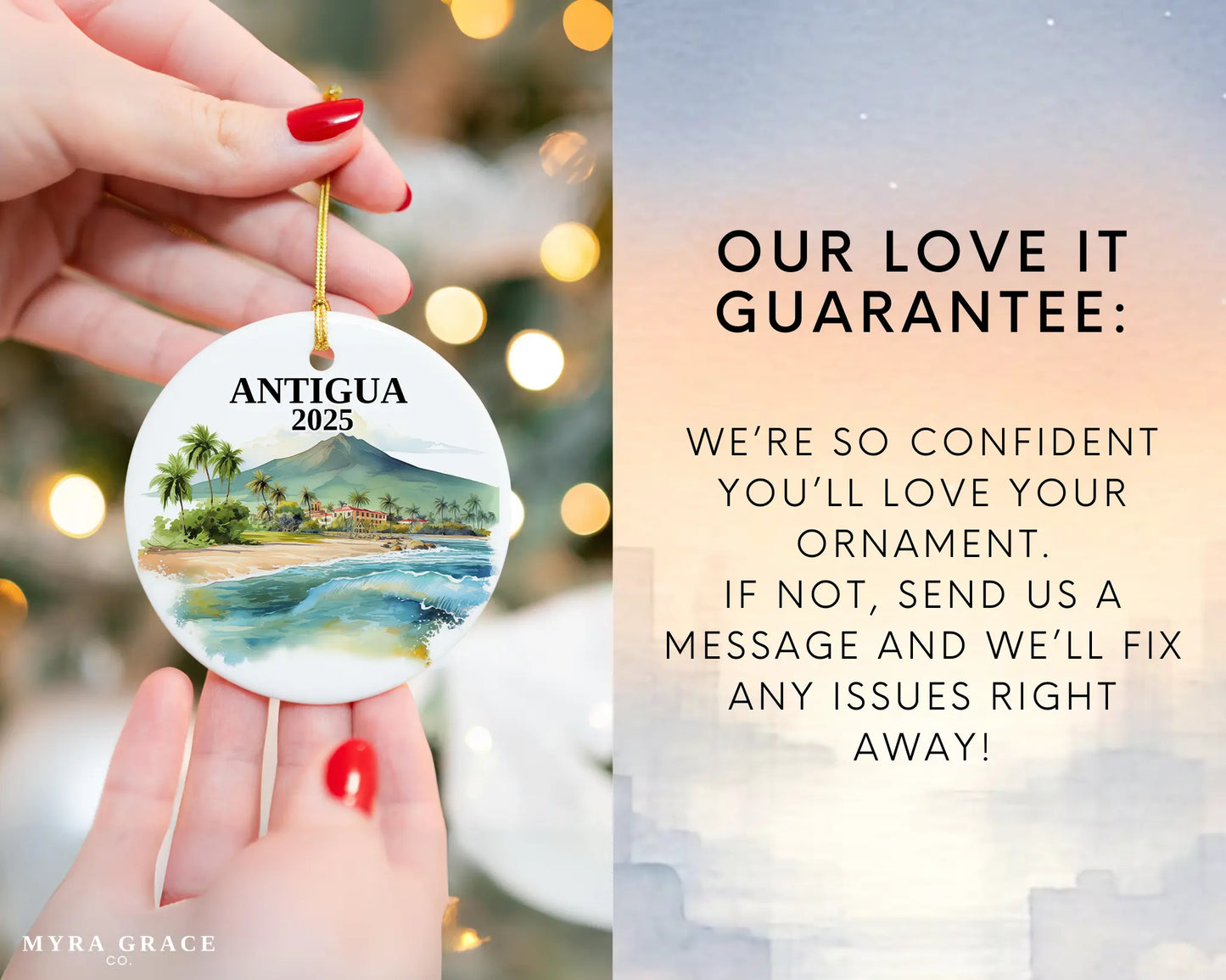 Custom Antigua Guatemala ceramic photo ornament with personalized message – handmade Christmas bauble, gift souvenir, or vacation keepsake. Love it guarantee