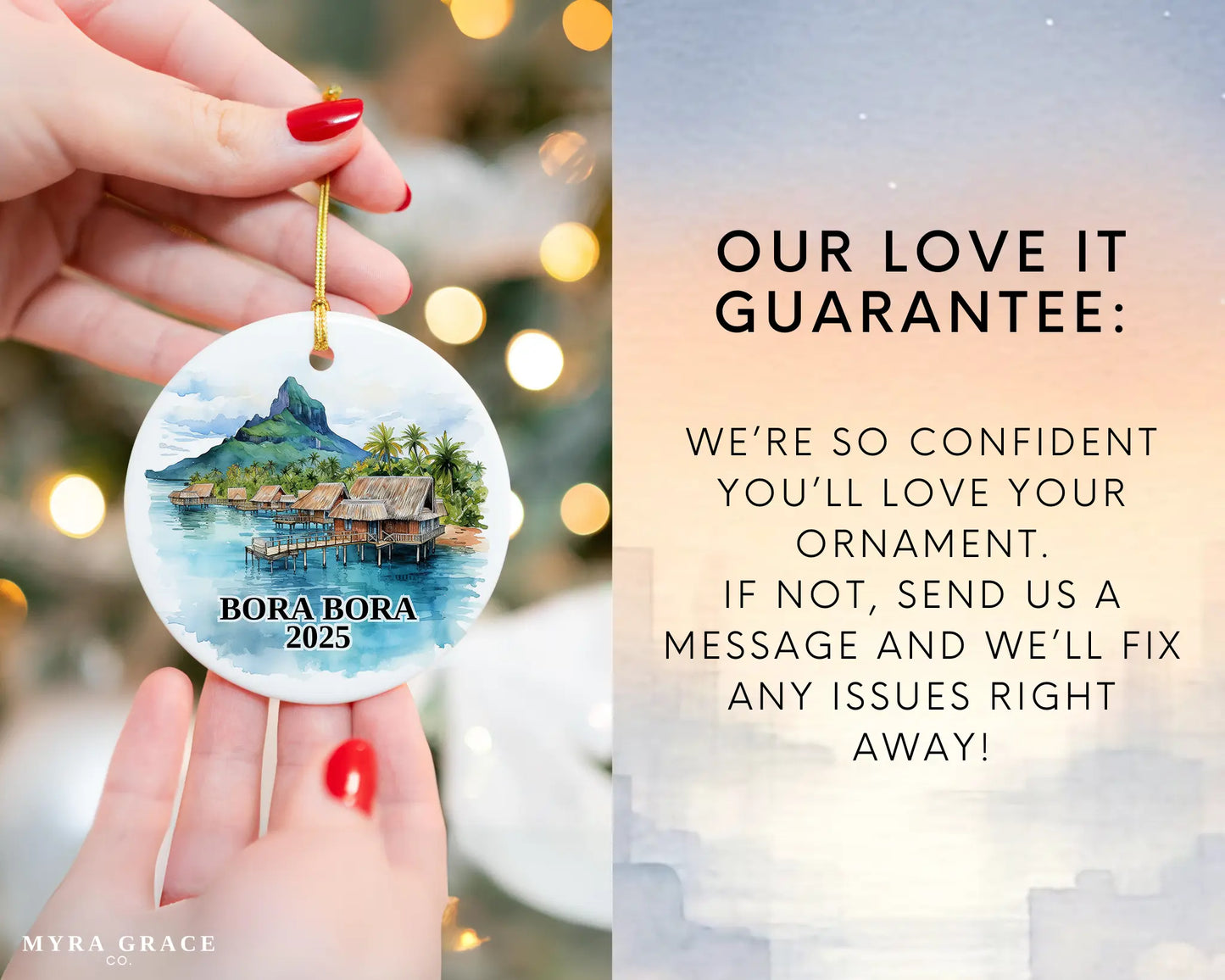 Custom Bora Bora ceramic photo ornament with personalized message – handmade Christmas bauble, gift souvenir, or vacation keepsake. Love it guarantee