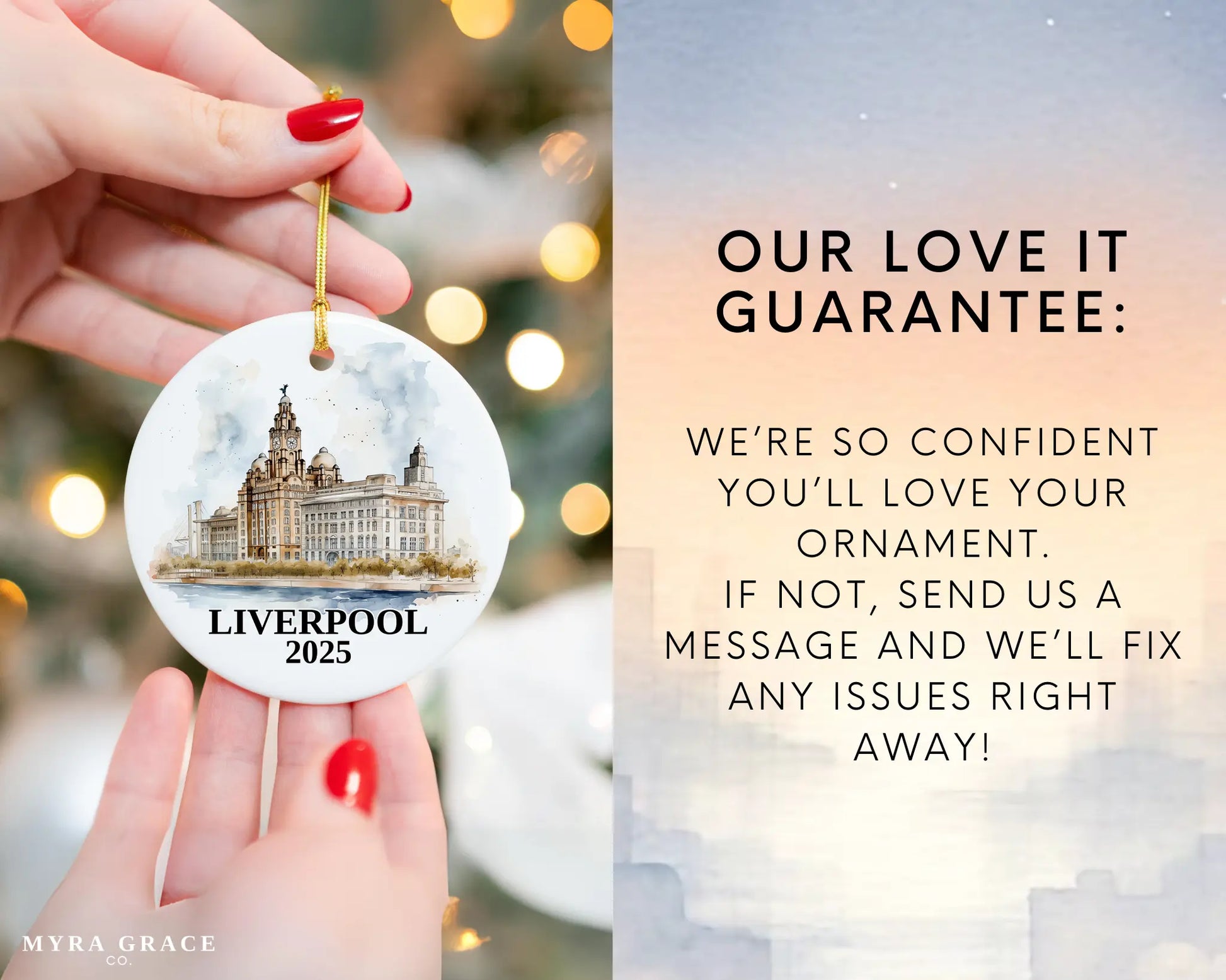 Custom Liverpool UK ceramic photo ornament with personalized message – handmade Christmas bauble, gift souvenir, or vacation keepsake.  Love it guarantee