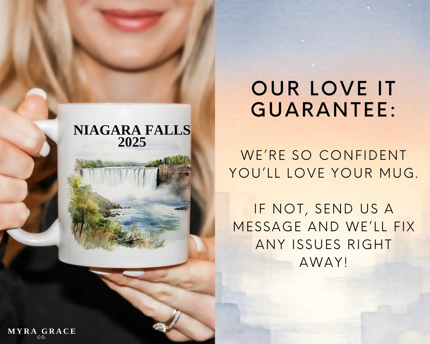 Custom ceramic Niagara Falls vacation mug with watercolor location design, date, and personal photo – personalized travel gift or photo mug. Love it guarantee