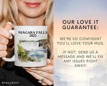Custom ceramic Niagara Falls vacation mug with watercolor location design, date, and personal photo – personalized travel gift or photo mug. Love it guarantee