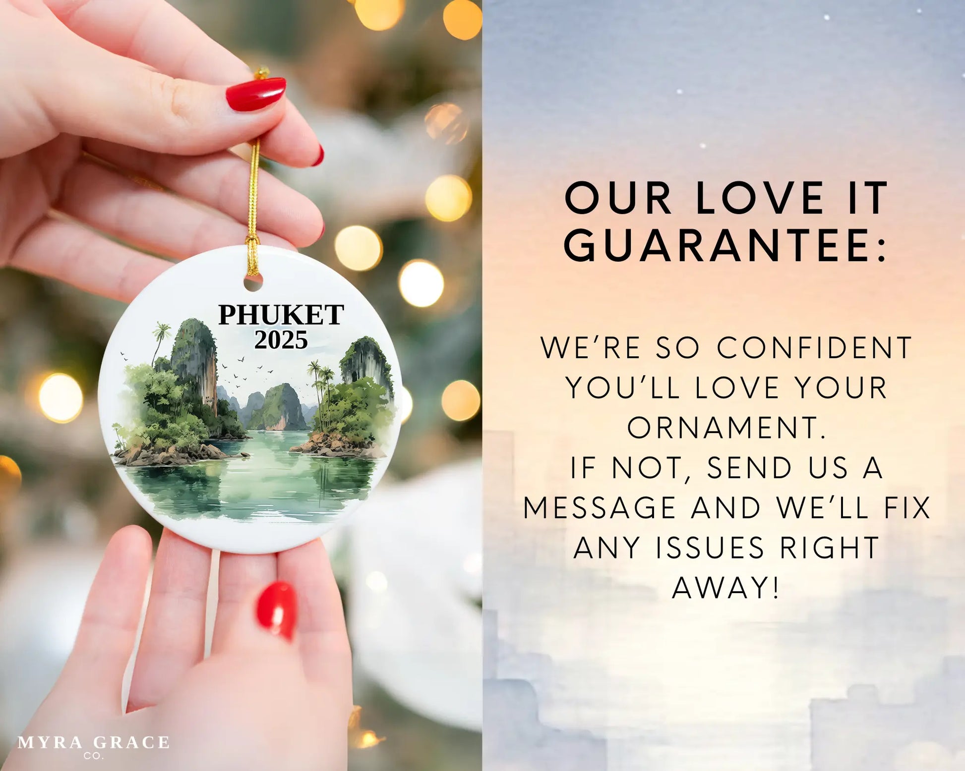 Custom Phuket Thailand ceramic photo ornament with personalized message – handmade Christmas bauble, gift souvenir, or vacation keepsake. Love it guarantee