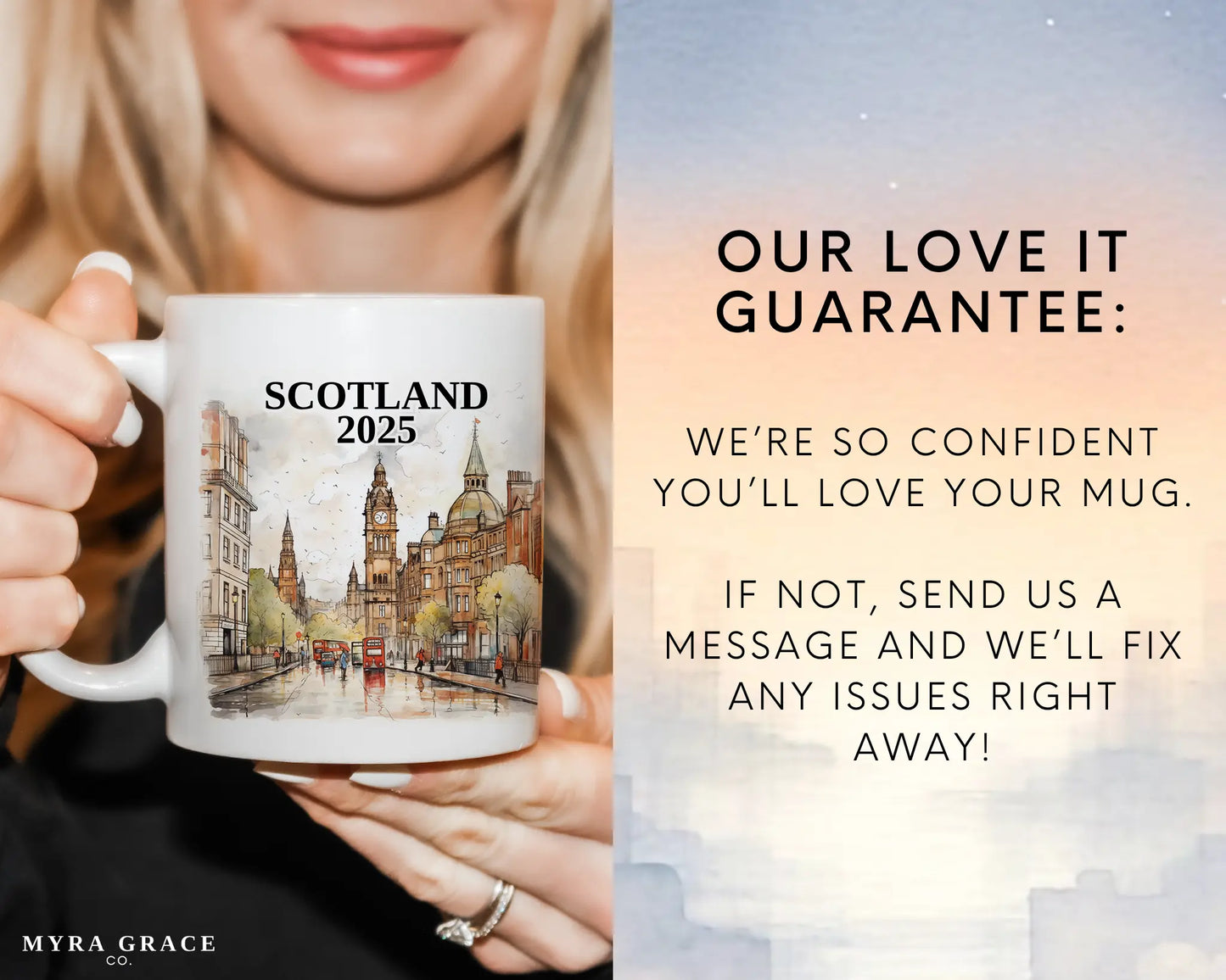 Custom ceramic Scotland vacation mug with watercolor location design, date, and personal photo – personalized travel gift or photo mug. Love it guarantee