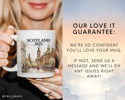 Custom ceramic Scotland vacation mug with watercolor location design, date, and personal photo – personalized travel gift or photo mug. Love it guarantee
