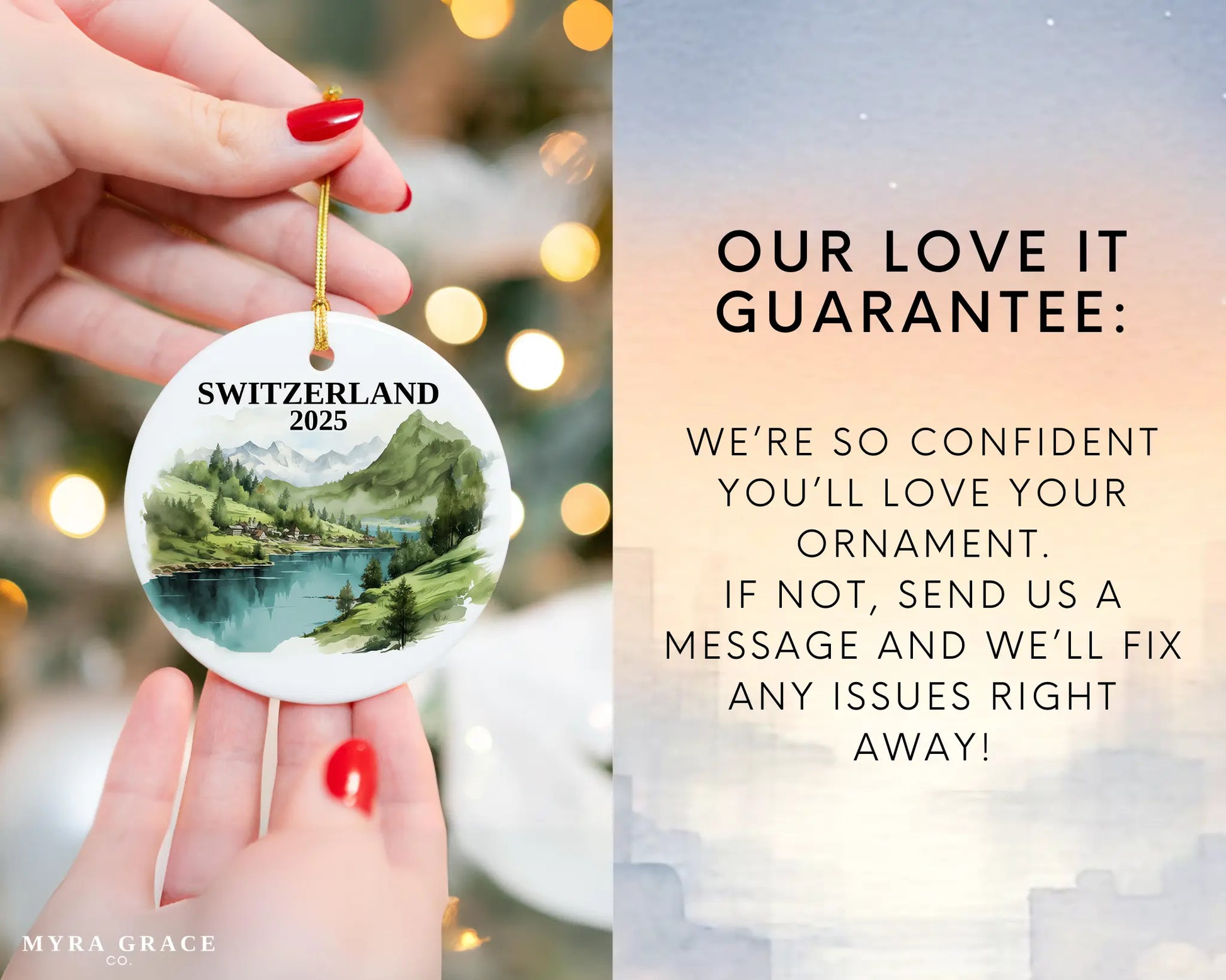 Custom Switzerland ceramic photo ornament with personalized message – handmade Christmas bauble, gift souvenir, or vacation keepsake. Love it guarantee