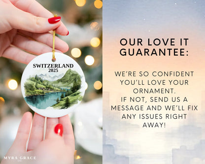 Custom Switzerland ceramic photo ornament with personalized message – handmade Christmas bauble, gift souvenir, or vacation keepsake. Love it guarantee
