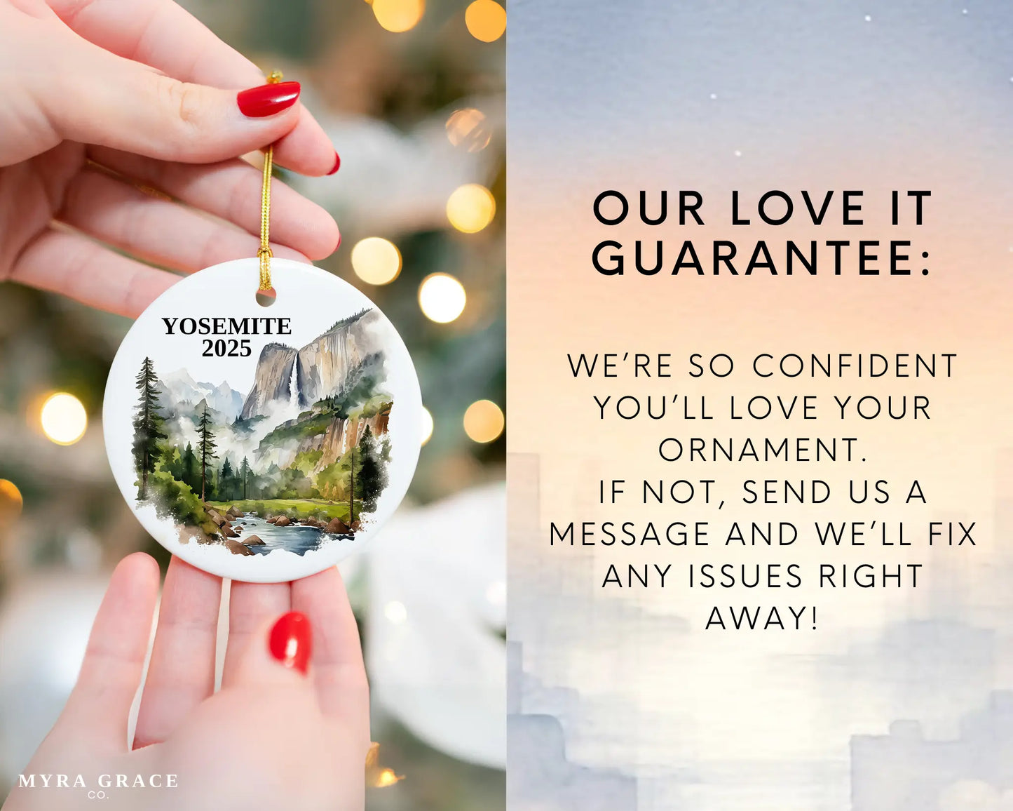 Custom Yosemite National Park ceramic photo ornament with personalized message – handmade Christmas bauble, gift souvenir, or vacation keepsake. Love it guarantee